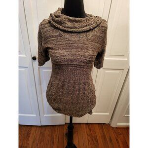 Vintage 90s Does 70s  Brown Heathered Short Sleeve Sweater Cowl Neck sz M Retro